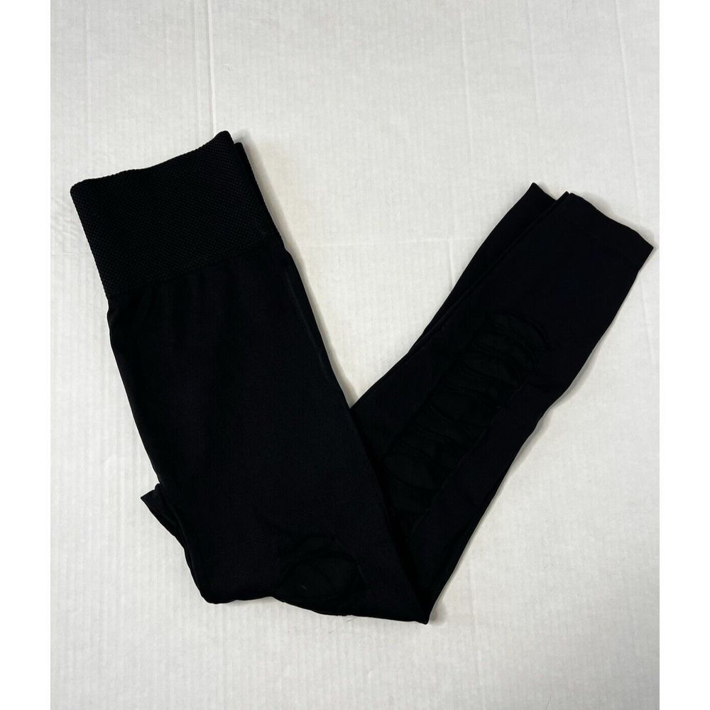 Women's Size Large Black‎ Shredded Leggings- Wide Waistband- Long